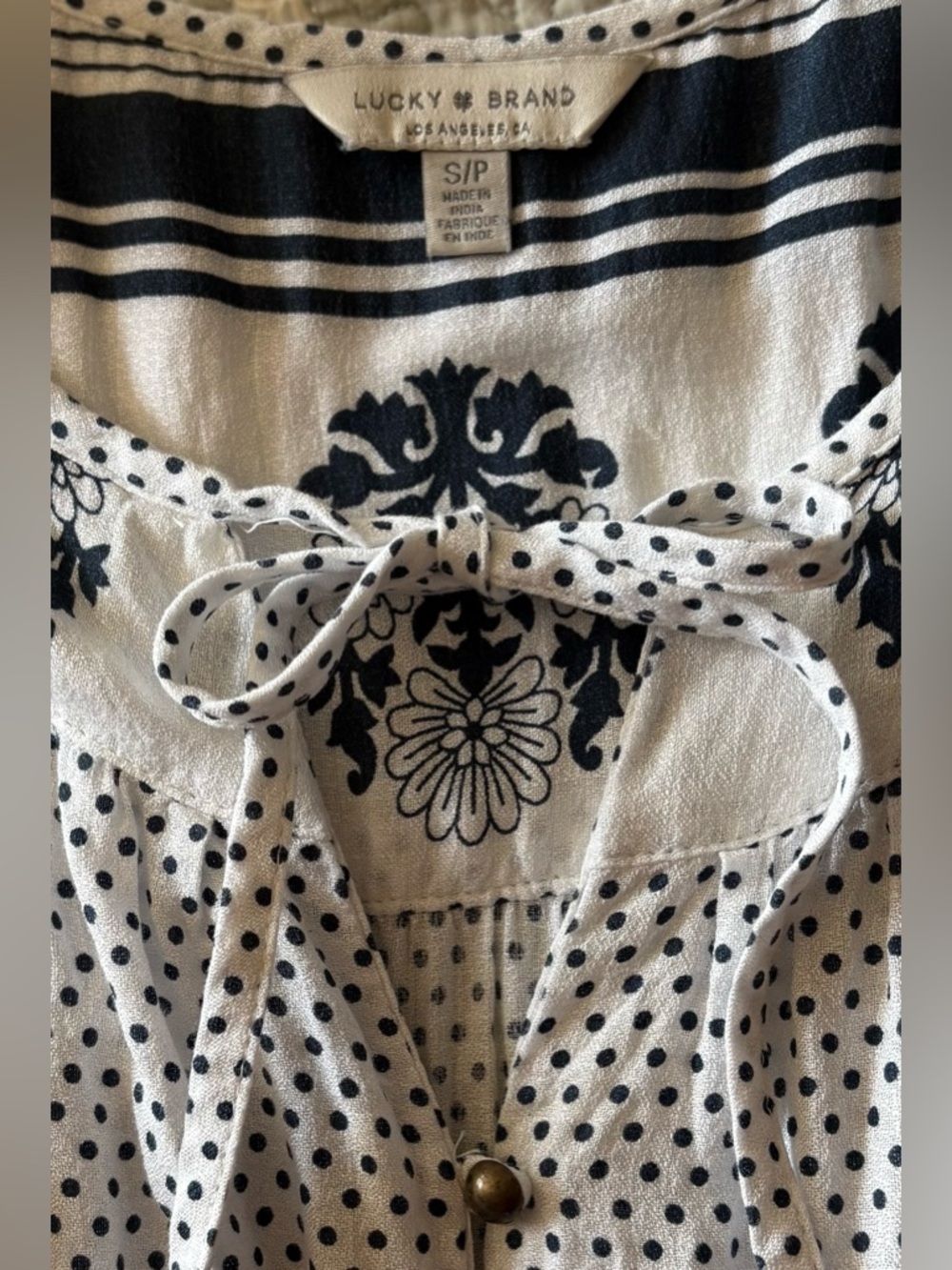 Lucky Brand Peasant-Style Polka-Dot Dress w Decorative Border & Elastic Waist(S) - Picture 2 of 15